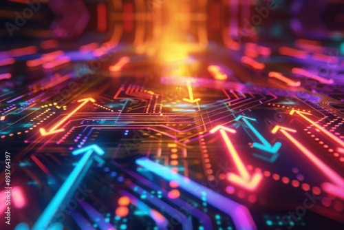 Vibrant abstract digital circuit with glowing arrows, symbolizing technology, innovation, and data flow in a futuristic setting.