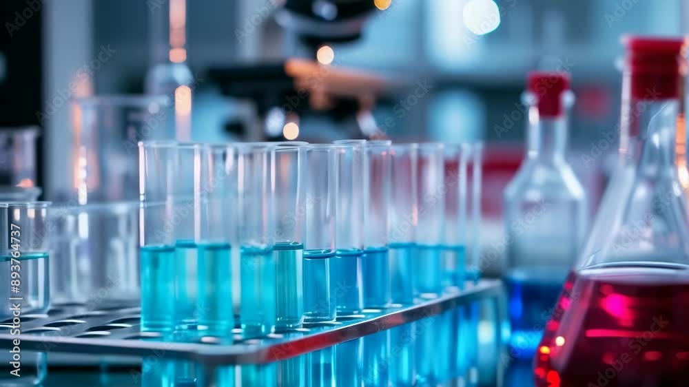 A brightly lit laboratory features numerous test tubes filled with blue liquid and flasks containing red liquid. The scene is set for a scientific experiment. The mood is focused and professional, A brightly lit laboratory features numerous test tubes filled with blue liquid and flasks containing red liquid. The scene is set for a scientific experiment. The mood is focused and professional,