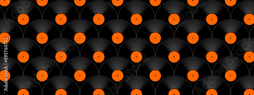 Vinyl discs seamless pattern. Repeating gramophone LP or long play music records icons isolated on white background. 70s 80s 2000s discotheque or techno party background. Vector flat illustration.