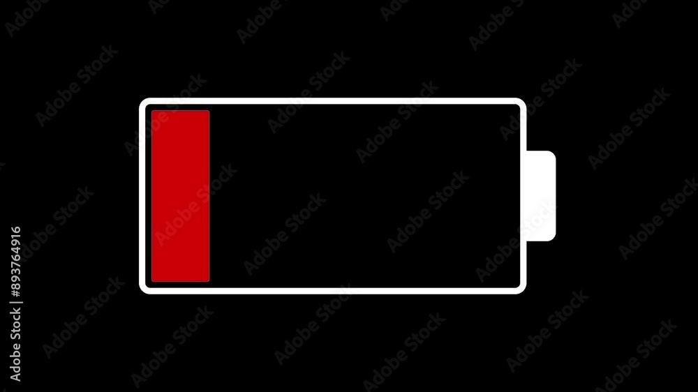 Low battery power indicator animation on black screen. Empty battery allert animation. Low battery power indicator animation on black screen. Empty battery allert animation.