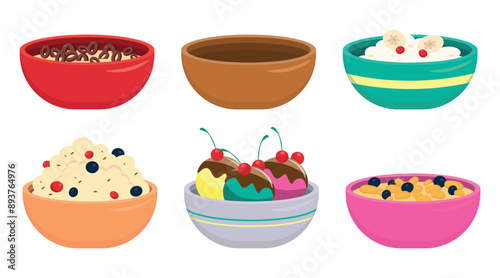 Set bowls with food in cartoon style. Vector illustration of bowls with filling: flakes, cottage cheese with banana, cranberry, porridge with berries, nuts, ice cream balls, chocolate glaze,cherry.