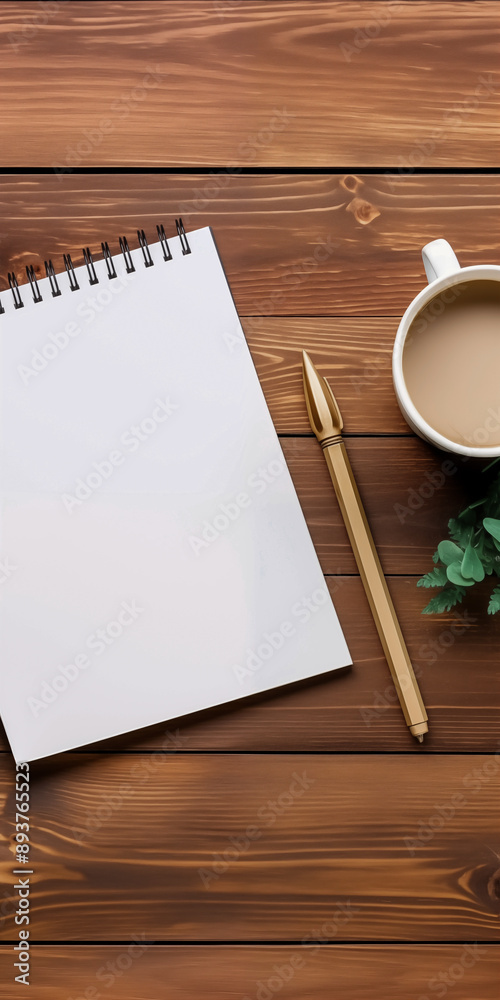 Vertical Mockup notepad, mug and pen with coffee on wooden table. Home office template flat lay design, new ideas, business planning, work home with copyspace Vertical Mockup notepad, mug and pen with coffee on wooden table. Home office template flat lay design, new ideas, business planning, work home with copyspace