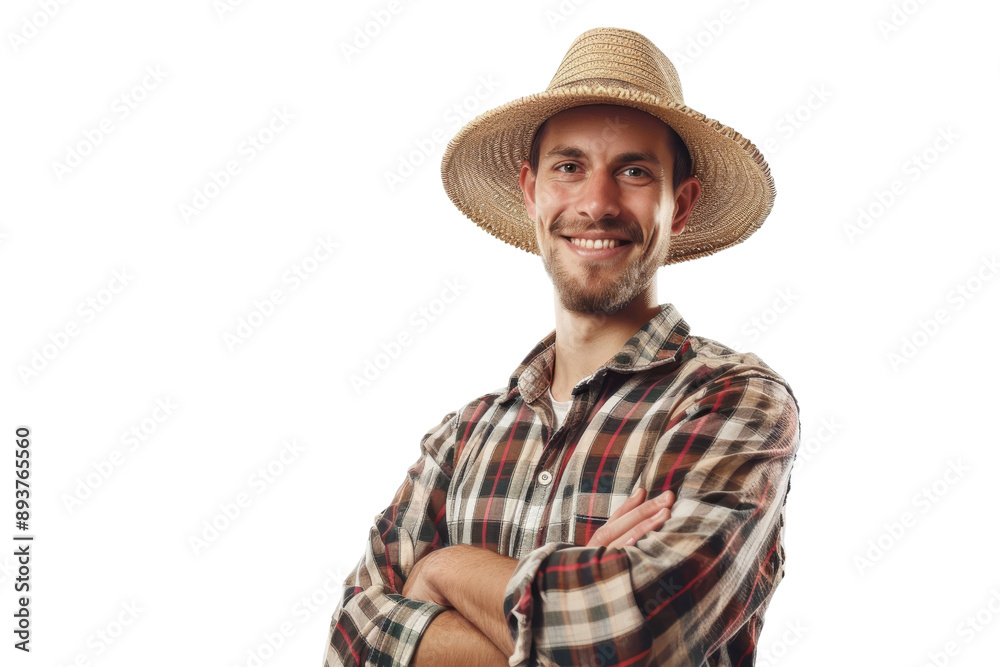 Happy young farmer in straw hat standing with arms crossed Isolated on white background Happy young farmer in straw hat standing with arms crossed Isolated on white background