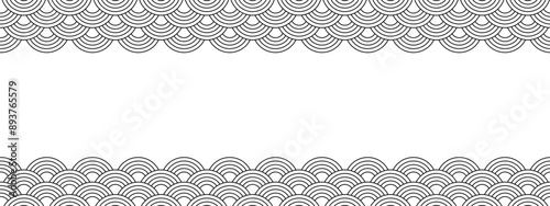 Top and bottom borders with japanese seigaiha pattern and empty space. Black and white scallops print. Fish squama or dragon scale. Simple geometric background. Vector graphic illustration.