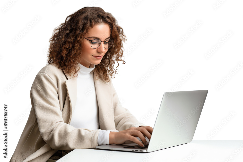 Young woman working on computer wearing casual clothes Isolated on white background Young woman working on computer wearing casual clothes Isolated on white background