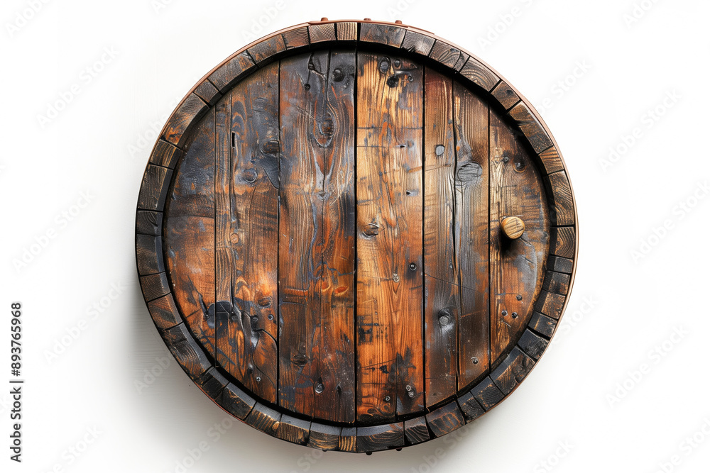 Fototapeta premium Top view of an old rustic wooden barrel isolated