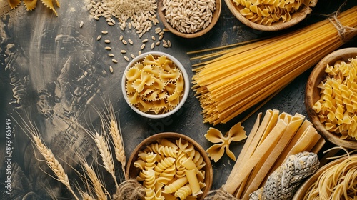 Golden Harvest A Vibrant Array of WheatBased Pasta in a Captivating Flat Lay Display photo