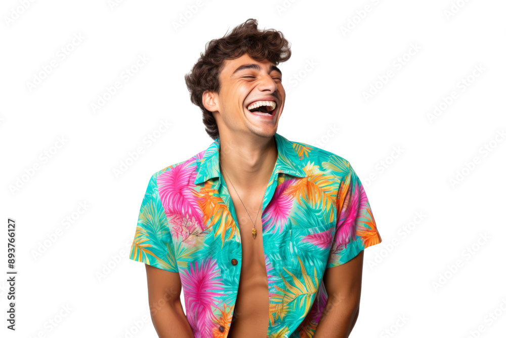 Young queer man in a colorful shirt laughing joyfully Isolated on white background Young queer man in a colorful shirt laughing joyfully Isolated on white background