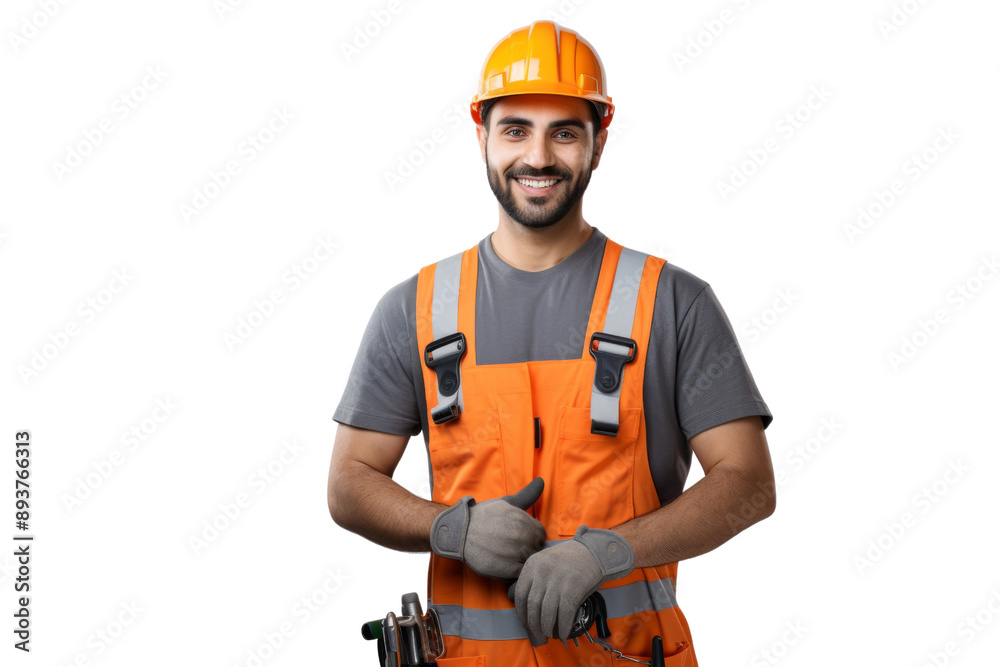 Young Middle Eastern builder wearing a hard hat and uniform with crossed arms Isolated on white background Young Middle Eastern builder wearing a hard hat and uniform with crossed arms Isolated on white background
