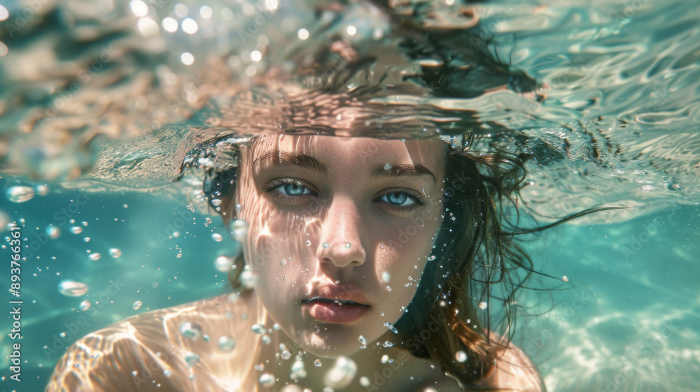 Unveiling the Blue Abyss: Photorealistic Image of a Girl Descending into a Deep Transparent Sea Unveiling the Blue Abyss: Photorealistic Image of a Girl Descending into a Deep Transparent Sea