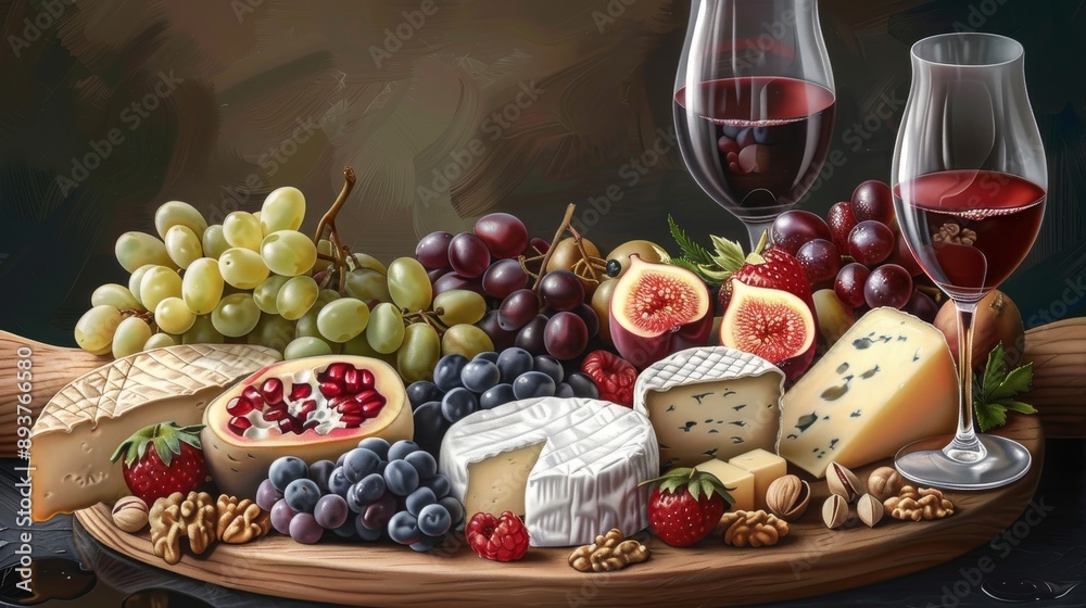 Exquisite Gourmet Cheese Board A Luxurious Culinary Delight with Assorted Cheeses Fresh Fruits and Nuts Paired Perfectly with a Glass of Wine for an Elegant and Indulgent Food Experience