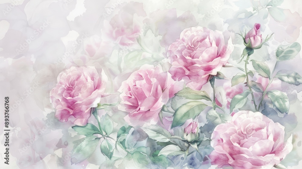 Detailed watercolor illustration of blooming pink roses. Detailed watercolor illustration of blooming pink roses.