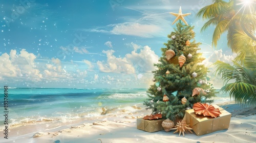 Beachthemed Christmas tree with seashell ornaments, tropical wrapped presents, sunny coastal background photo