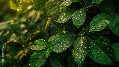 Leaves in various shades of green, covered in dew drops.  photo