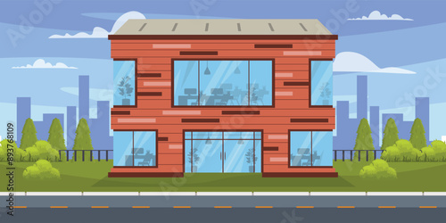 Vector illustration of a large office building.Cartoon scene of a beautiful modern office building with large glass windows, doors, tables with computers, chairs.Silhouettes of city buildings, bushes.