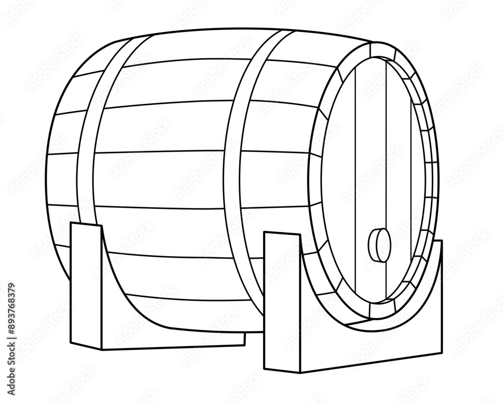 Wooden keg lying on stand - vector linear element for coloring logo or pictogram. Outline. Barrel lying on its side for a coloring book Wooden keg lying on stand - vector linear element for coloring logo or pictogram. Outline. Barrel lying on its side for a coloring book
