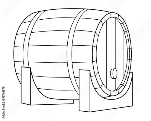 Wooden keg lying on stand - vector linear element for coloring logo or pictogram. Outline. Barrel lying on its side for a coloring book	