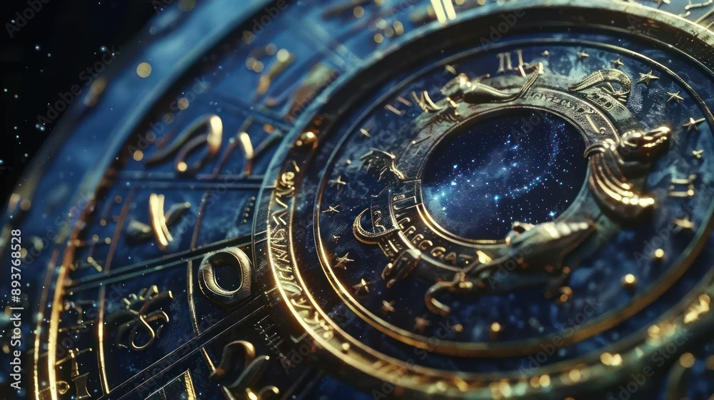 Fototapeta premium A gold and blue clock with a circle in the middle with the numbers