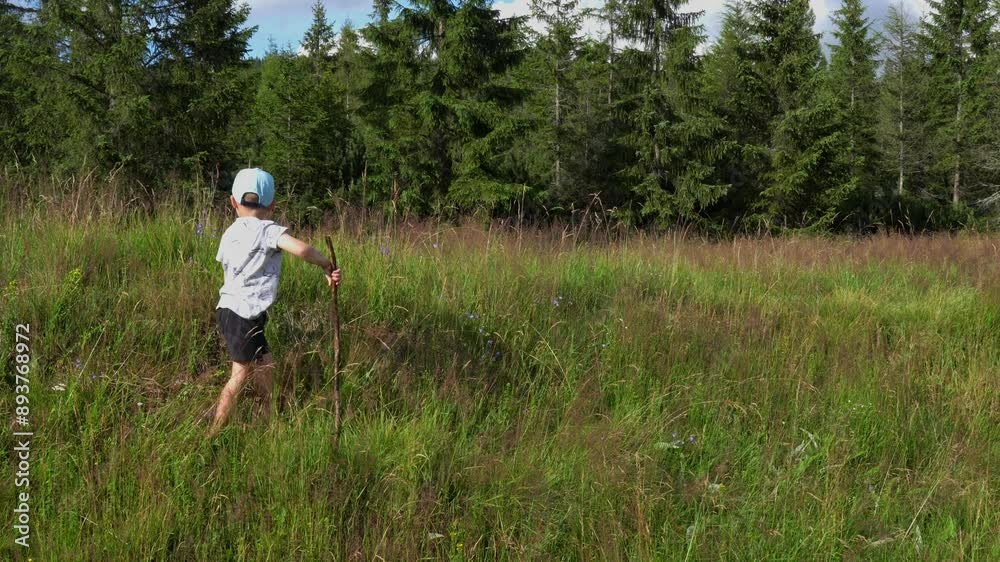 Child walking barefoot on tall grass with a stick in hand in the countryside in slow motion. Concept of outdoor adventure, nature exploration and traveling. High quality 4k footage Child walking barefoot on tall grass with a stick in hand in the countryside in slow motion. Concept of outdoor adventure, nature exploration and traveling. High quality 4k footage