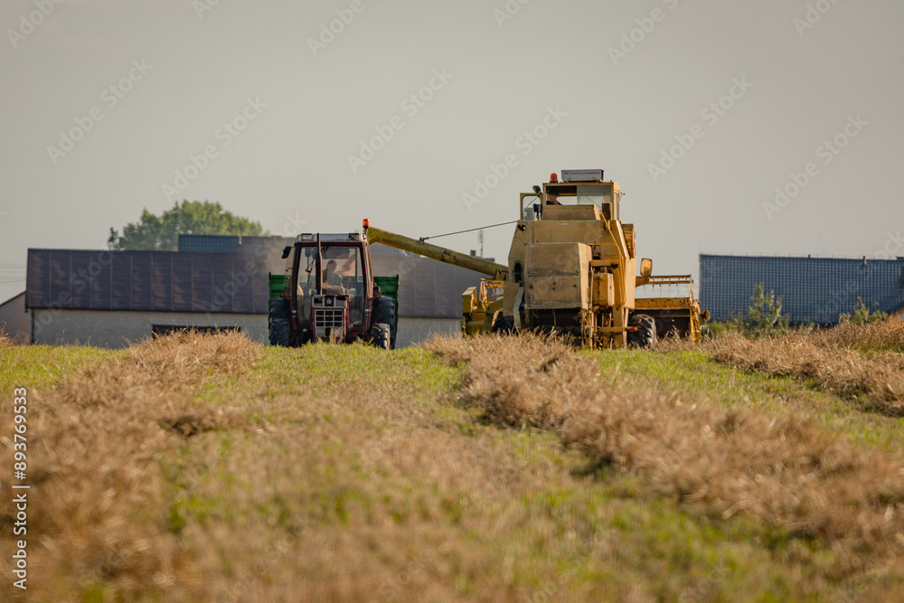 Great combine harvester working at the field. Agricultural machine on the blue sky. Combine harvester harvests ripe wheat. Concept of a rich harvest. Agriculture image. Great combine harvester working at the field. Agricultural machine on the blue sky. Combine harvester harvests ripe wheat. Concept of a rich harvest. Agriculture image.