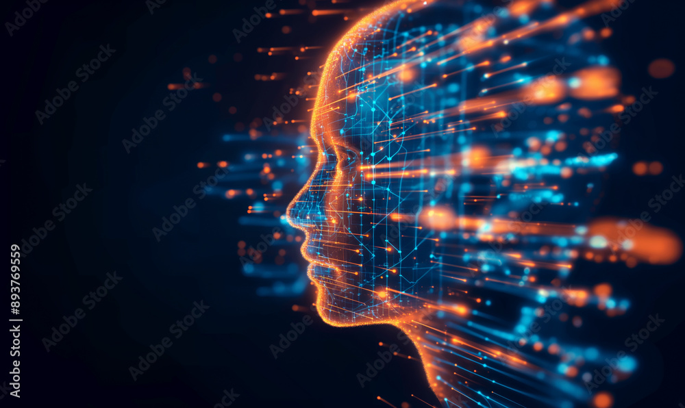 A digital profile of a human face with blue and orange glowing lines representing data flow, AI, and technology concepts A digital profile of a human face with blue and orange glowing lines representing data flow, AI, and technology concepts