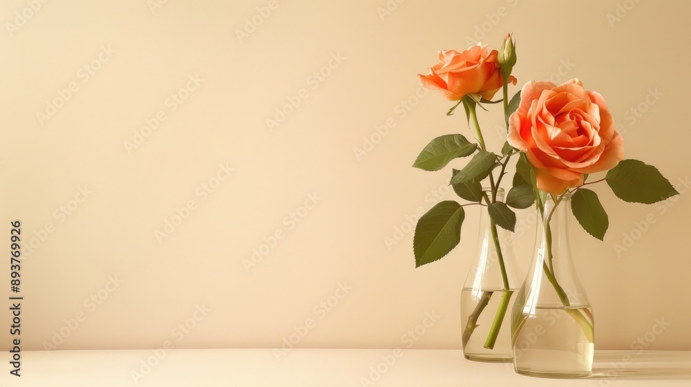 Floral arrangement with two glass vases three orange roses on beige backdrop Minimalistic design with space for text Floral arrangement with two glass vases three orange roses on beige backdrop Minimalistic design with space for text
