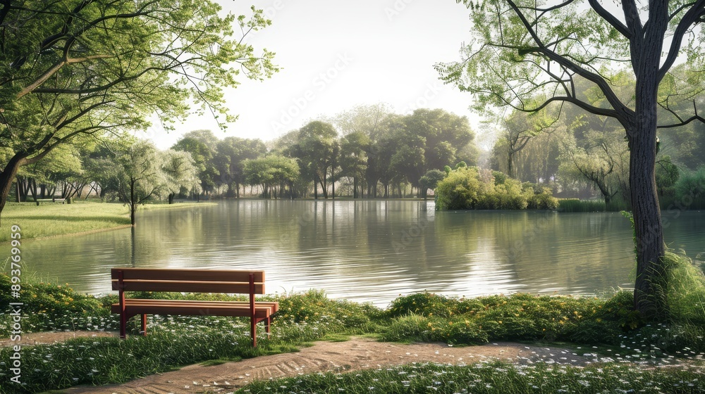 Tranquil Oasis Serene Park Bench Overlooking Reflective Pond Peaceful Nature Landscape for Relaxation and Contemplation Tranquil Oasis Serene Park Bench Overlooking Reflective Pond Peaceful Nature Landscape for Relaxation and Contemplation