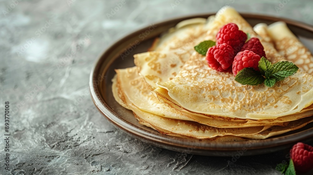 A stack of golden brown crepes topped with raspberries and mint on a brown plate A stack of golden brown crepes topped with raspberries and mint on a brown plate