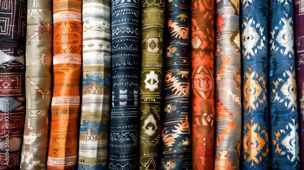 A close-up of colorful fabric rolls in a market stall, showcasing intricate patterns and vibrant colors