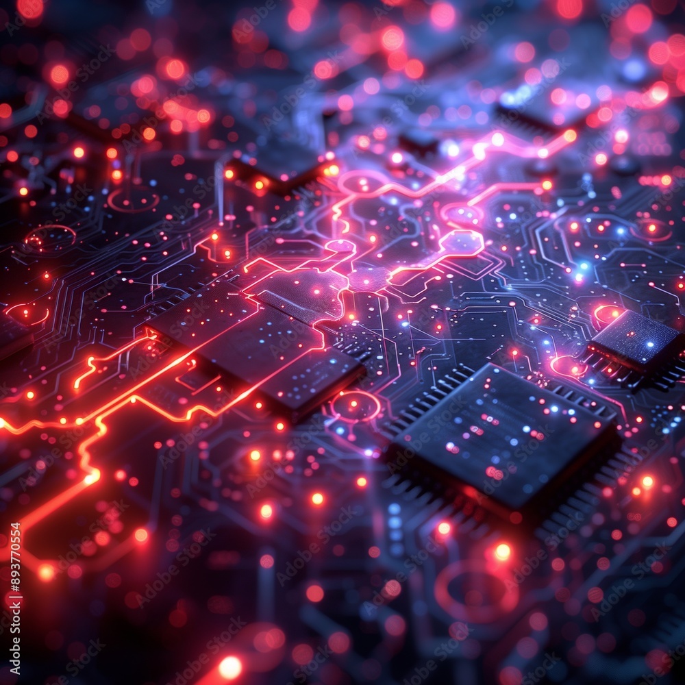 Close-up of a glowing, intricately designed circuit board with red and purple lights. Close-up of a glowing, intricately designed circuit board with red and purple lights.