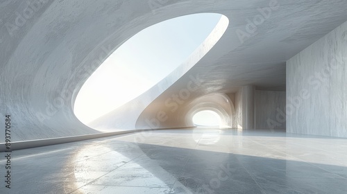 A minimalist architectural space with curved walls and a gleaming floor