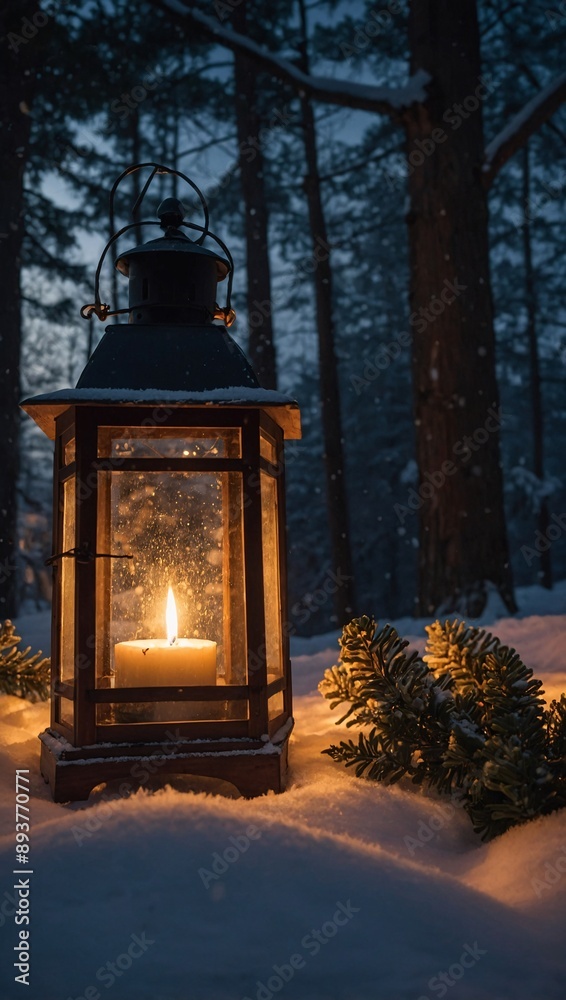 Wooden holiday scene under lantern's glow Wooden holiday scene under lantern's glow