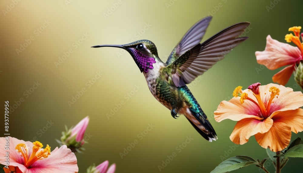 Hummingbird perched on flower petal Hummingbird perched on flower petal