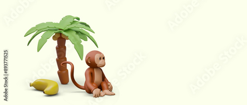 Monkey sits near coconut tree and banana. Vector composition in plasticine style