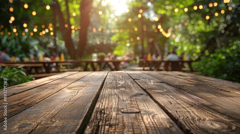 A rustic wooden tabletop set against a blurred background of a garden party with twinkling lights A rustic wooden tabletop set against a blurred background of a garden party with twinkling lights