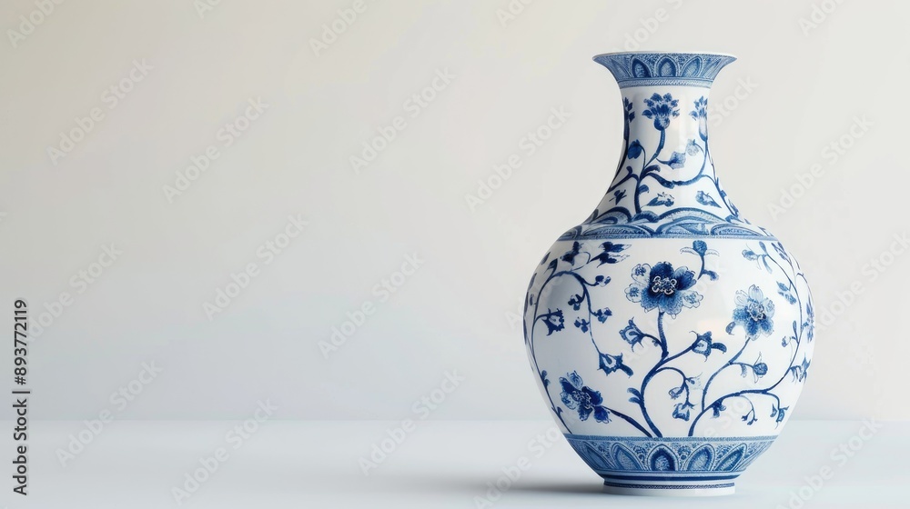 Ceramic vase in blue and white on white background with empty space Ceramic vase in blue and white on white background with empty space