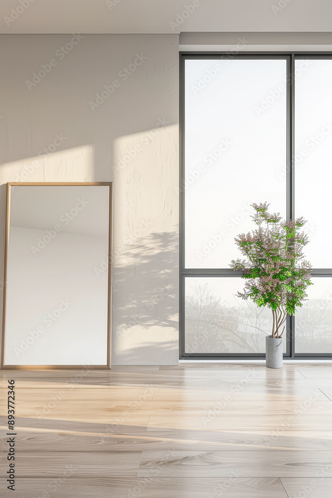 Stylish property interiors composition with a mirror next to a large window filling the room with natural lighting. Residential interiors design with minimal decor and warm colors. Stylish property interiors composition with a mirror next to a large window filling the room with natural lighting. Residential interiors design with minimal decor and warm colors.