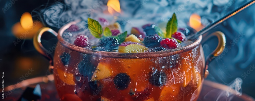 Creepy cauldron of bubbling punch with fruit, Halloween drink, party and interactive drink Creepy cauldron of bubbling punch with fruit, Halloween drink, party and interactive drink