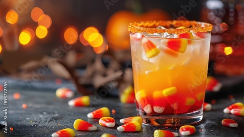 Candy corn layered cocktail with candy garnish, Halloween drink, colorful and sweet celebration