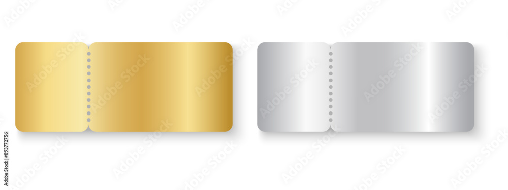 VIP silver and gold ticket mockups. Raffle, win lotto, exclusive offer, jackpot lottery shining metallic surface. Cards for entrance or seating in luxury style. Vector realistic illustration. VIP silver and gold ticket mockups. Raffle, win lotto, exclusive offer, jackpot lottery shining metallic surface. Cards for entrance or seating in luxury style. Vector realistic illustration.