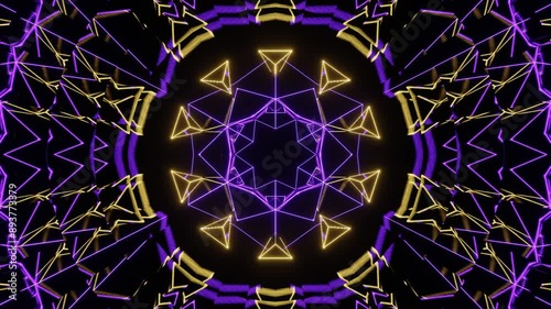 Neon, yellow and purple 3D kaleidoscope mandala abstract background of trippy art psychedelic trance to open third eye with visuals energy chakra futuristic audiovisual vj seamless loop. 4K 
