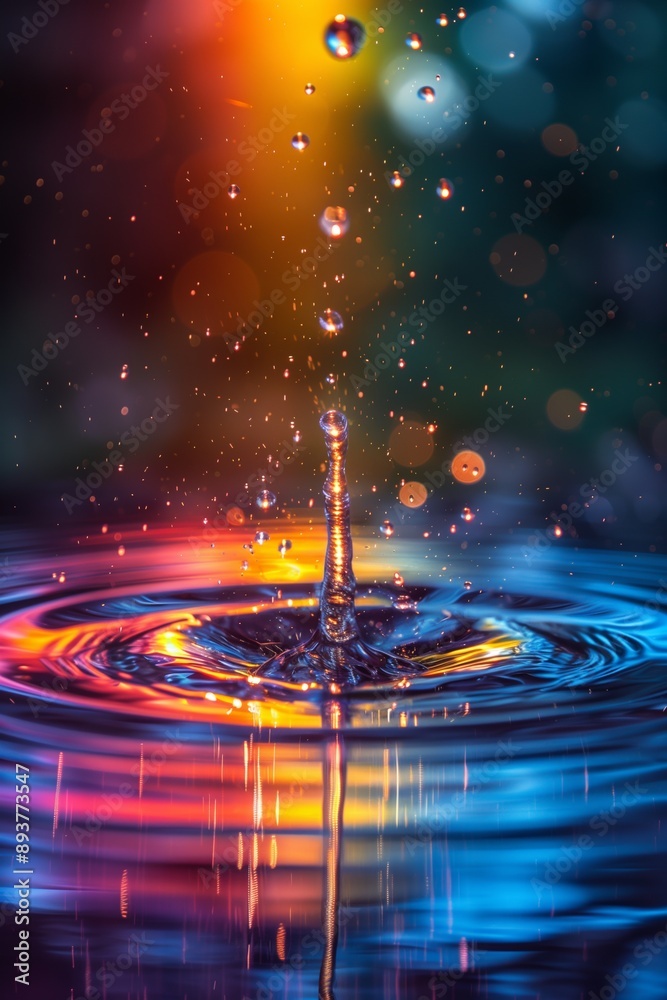 Macro photo closeup splashing water droplets colliding, colorful background vertical wallpaper design Macro photo closeup splashing water droplets colliding, colorful background vertical wallpaper design