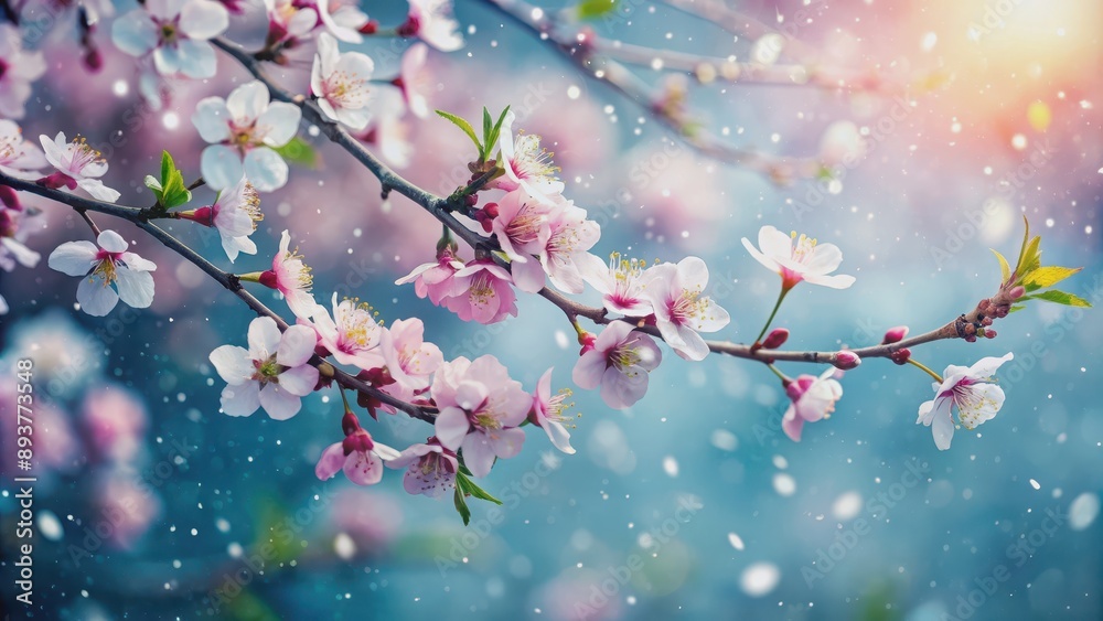 Snow falling gently on a beautiful spring blossom tree branch, snow, winter, spring, blossom tree, nature, seasonal, weather Snow falling gently on a beautiful spring blossom tree branch, snow, winter, spring, blossom tree, nature, seasonal, weather