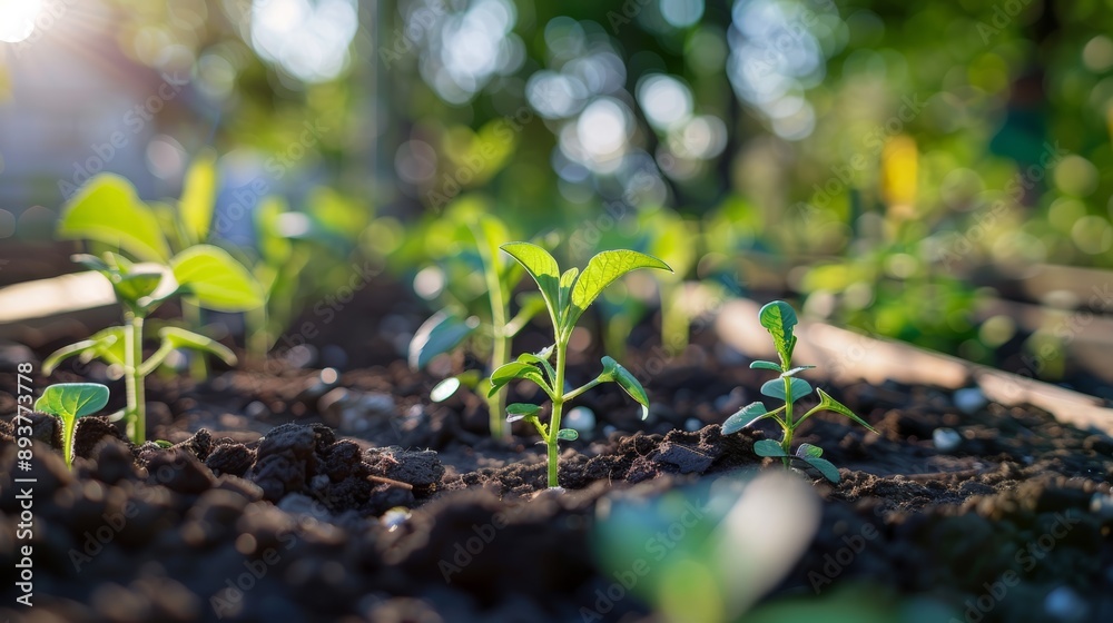 Fresh green seedlings emerge from rich soil in a vibrant garden, illuminated by soft sunlight, symbolizing growth and new beginnings Fresh green seedlings emerge from rich soil in a vibrant garden, illuminated by soft sunlight, symbolizing growth and new beginnings