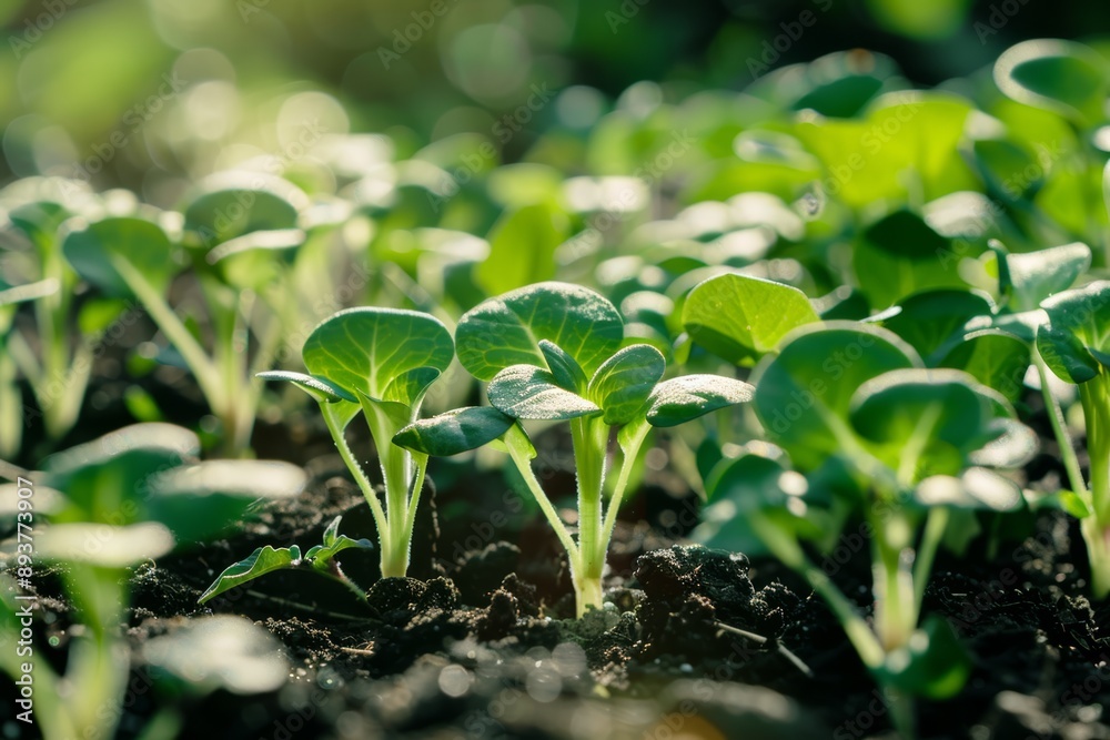 A close-up view of young plants sprouting from rich soil, basking in soft sunlight, showcasing the beauty of nature and new growth A close-up view of young plants sprouting from rich soil, basking in soft sunlight, showcasing the beauty of nature and new growth