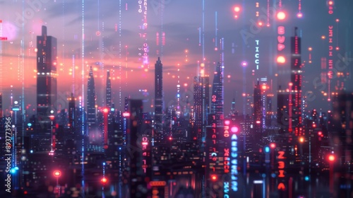 Wallpaper Mural Futuristic city skyline, augmented reality calendar hovering above, vibrant digital markers illuminating each day, showcasing a blend of technology and urban life Torontodigital.ca