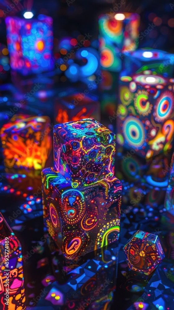 Fototapeta premium Neon Cubes with Psychedelic Patterns