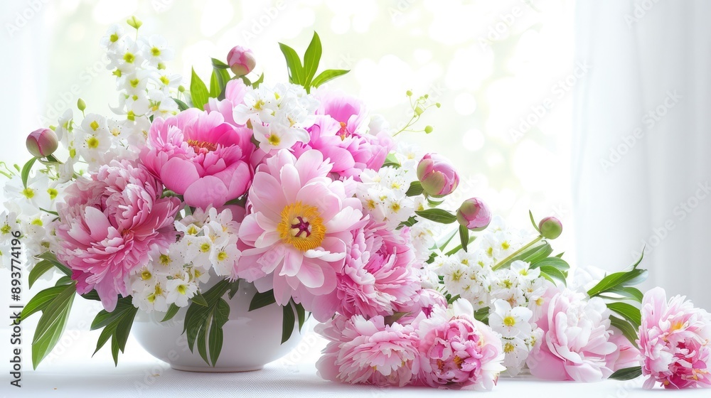 Fototapeta premium Decorated interior: pink peonies and white flowers in vase on white background