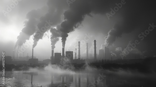 Industrial smoke plumes against a foggy sky reflecting in the water