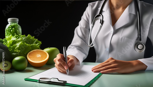 DETALHE DAS MÃOS DE UM NUTRICIONISTA PRECREVENDO UM PLANO ALIMENTAR EM UMA MESA DE TRABALHO photo